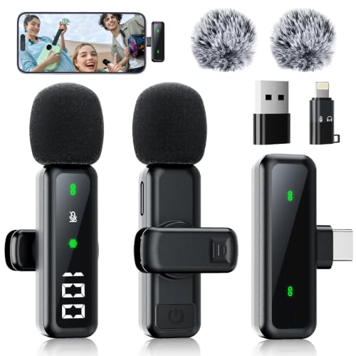 Microphone for iPhone & Android, Wireless Mini Microphone | Battery Display, Clear Voice, Noise Cancelling, Lavalier Mic for TikTok, YouTube & Interviews, Dual Mic - style: USB-C+Lightning+USB-A
