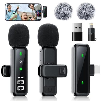 Microphone for iPhone & Android, Wireless Mini Microphone | Battery Display, Clear Voice, Noise Cancelling, Lavalier Mic for TikTok, YouTube & Interviews, Dual Mic - style: USB-C+Lightning+USB-A