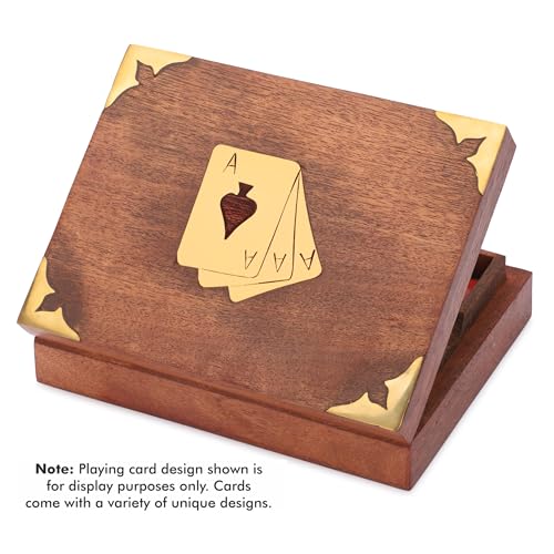 Ajuny Handcrafted Wooden Double Deck Playing Card Box Holder Decorative Storage Case Organizer With 2 Set of 'Ace' Playing Cards Brass Inlay Anniversary Housewarming Gifts For Him Her