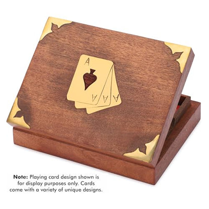 Ajuny Handcrafted Wooden Double Deck Playing Card Box Holder Decorative Storage Case Organizer With 2 Set of 'Ace' Playing Cards Brass Inlay Anniversary Housewarming Gifts For Him Her