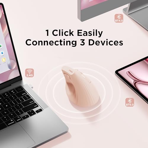 Uineer Vertical Ergonomic Mouse, Wireless Bluetooth Mouse, 3-Device,Quiet | Switch among 3 devices; side scroll wheel supports horizontal navigation for documents and spreadsheets. - color: Pink
