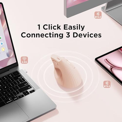 Uineer Vertical Ergonomic Mouse, Wireless Bluetooth Mouse, 3-Device,Quiet | Switch among 3 devices; side scroll wheel supports horizontal navigation for documents and spreadsheets. - color: Pink