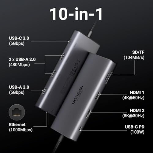 UGREEN USB C Docking Station Dual Monitor, 10-in-1 Laptop Dock with 2 HDMI | 2x HDMI, Single 8K, 100W PD, 1Gbps Ethernet, 4x 5Gbps USB-A/C Data, SD/TF, Revodok Pro Aluminum USB-C Dock for Dell/HP/Lenovo
