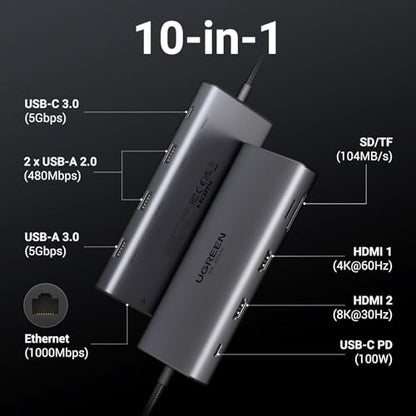 UGREEN USB C Docking Station Dual Monitor, 10-in-1 Laptop Dock with 2 HDMI | 2x HDMI, Single 8K, 100W PD, 1Gbps Ethernet, 4x 5Gbps USB-A/C Data, SD/TF, Revodok Pro Aluminum USB-C Dock for Dell/HP/Lenovo