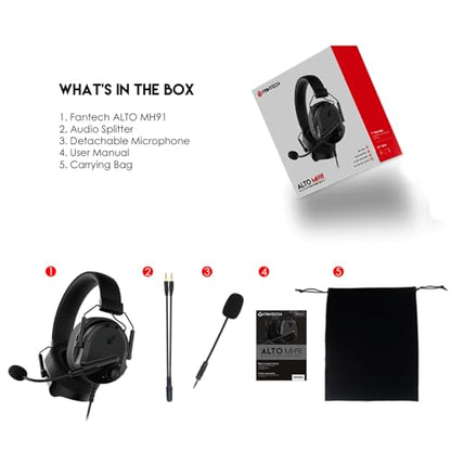 FANTECH Alto MH91 Gaming Headset with Detachable Mic, 50mm Drivers, Multi-Platform Compatible, Memory Foam Ear Cushions, in-Line Controls for PC/PS4/XBOX/Switch/Mobile