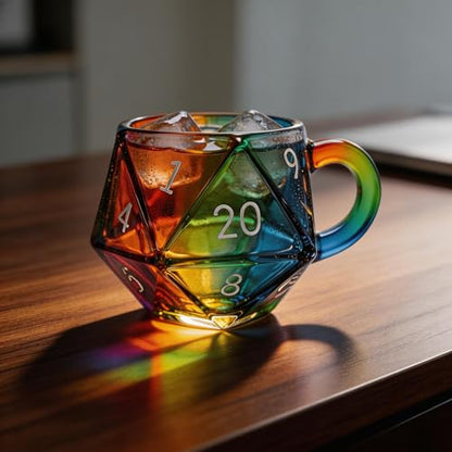 D20 Dice Glass Mug – Hand-Painted 3D Fantasy RPG Tankard, Collectible Clear Drinkware, Unique Gift for DND Players & Tabletop Gamers - color: D20 Dice Glass Mug