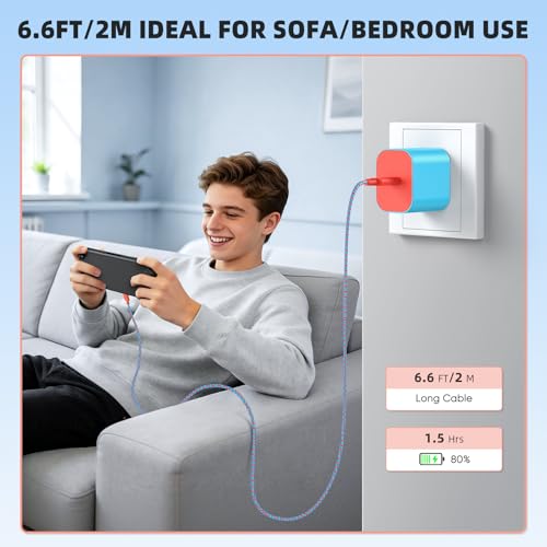Switch 2 Charger with 6.6FT/2M USB-C Cable - 60W AC Power Adapter, Support 4K TV Dock & PD3.0 Fast Charging, Power Supply 20V/3A Charger for Nintendo Switch 2/1/Lite,WiiCharge(6.6FT - Neon Blue & Red) - size: 6.6FT (Neon Blue & Red)