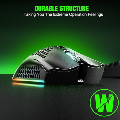 WolfLawS KM-1 RGB Wireless Gaming Mouse with Honeycomb Shell Computer Mouse | 2.4G USB Receiver, 6 Buttons, 3 Adjustable DPI, Rechargeable Ergonomic Mouse for PC Mac Laptop