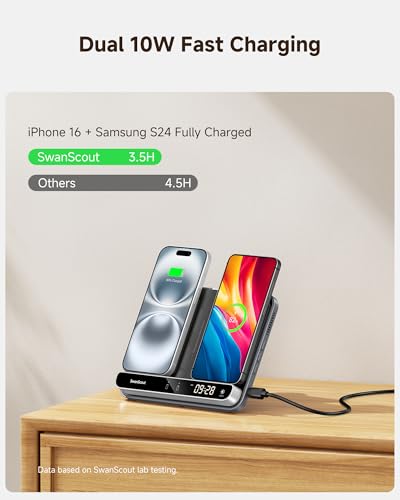 Dual Phone Foldable Wireless Charging Station for iPhone, Galaxy, Pixel | Dual phone charging, Foldable portable stand, Dimmable clock, Case friendly, Raised charging area, flat mode for earbuds, 504 - color: Black & Tech Grey