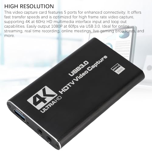 4K HDMI Capture Card with Loop Out, USB 3.0 Video Capture Device 1080P 60FPS for Streaming, PC, Plug Play Game Recording Card, Aluminum Alloy Heat Dissipation Design