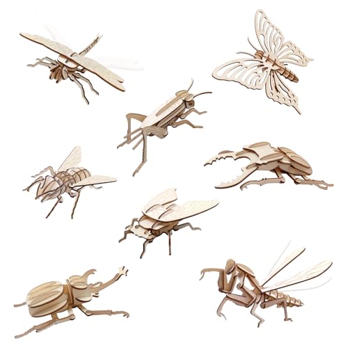 ELX Wooden 3D Puzzles for Kids 6+, 8 Piece Set Insect Animal Models, Wood Building Kits DIY Wooden Crafts Stem Toys peresents for Kids and Adults - style: 3D-Insects
