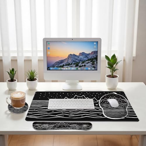 Black White Cat Desk Mat Set Minimal Mountain Ocean Night Mouse Pad with Wrist Rest 4in1 Desk Mat for Desktop Ergonomic Keyboard Wrist Support Anti-Slip Computer Mouse Pad Home Office Gaming - color: Black White Cat