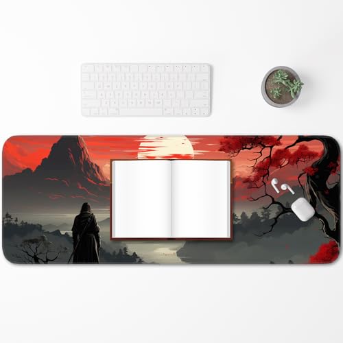 Japanese Gaming Mouse Pad, Non-Slip Rubber Base with Stitched Edge Mouse Pad for Office, Laptop, 31.5x11.8 Inch Anime Gaming Keyboard Pad - color: Red Moon Canyon