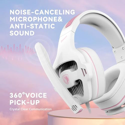 Cute Gaming Headset for Girls, Wired Gaming Headphones with Mic for PS5 PS4 Xbox Series X|S PC Nintendo Switch, Stereo Sound Gamer Pink Headset with Noise Cancelling Microphone - color: Pink