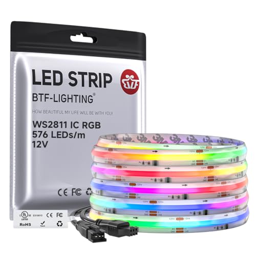 BTF-LIGHTING IP66 RGB WS2811 Smart IC FCOB COB LED Strip, UL Listed 576LEDs/m High Density Color Chasing Uniform Light, DC12V 16.4FT 10mm Width Tape Light for Home DIY Decor(No Adapter or Controller) - color: DC12V IP66, size: 16.4FT 576LED/m