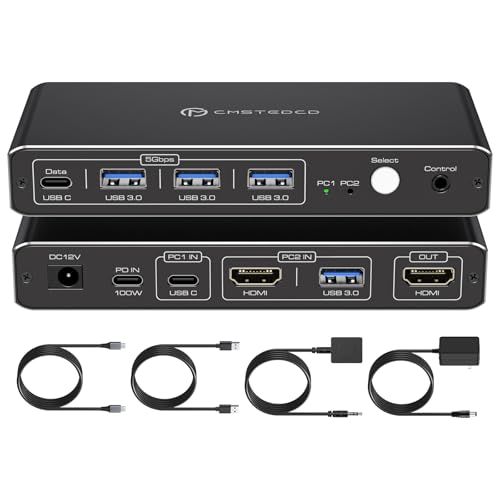 KVM Switch 1 Monitors 2 Computers 4K@60Hz USB C HDMI KVM Switch 2 Port for 1 Laptop 1 Desktop Share 1 Monitor Keyboard Mouse Hard Drives Printer Support 100W Charging for Laptop - color: Black