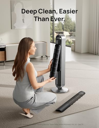 DREO Smart Tower Fan for Bedroom, 120° Oscillating Fan, 20dB Quiet DC Motor | 28ft/s Airflow, 12 Speeds, 4 Modes Bladeless Standing Fan, 12H Timer Cooling Fan for Home, Living Room, App & Alexa Control - color: Silver