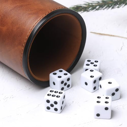 Brown PU Leather Dice Cup Set, Felt Lined Dice Shaker with 6 Dice for Liars Farkle Yahtzee Game, 2 Pack - color: Patterned Brown