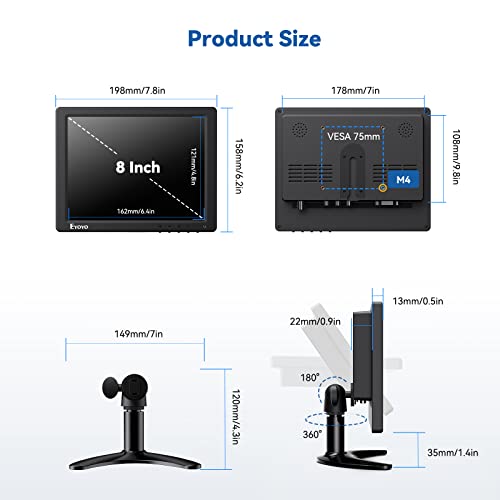 Eyoyo 8 Inch Small Monitor, 1024x768 4:3 IPS Mini Security Camera Monitor Screen Support HDMI VGA AV BNC Input with Remote Control, Video Monitors for Retro Computer PC NVR CCTV Raspbery Pi - style: 8 inch 1024x768