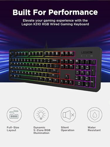 Lenovo Legion K310 RGB Wired Gaming Keyboard - Ultra-Fast Reaction Time with Tactile Keys, Quiet Key Membrane Switches, Silent Operation, RGB Illumination - Water Resistant & Compact Design - style: K310 Keyboard