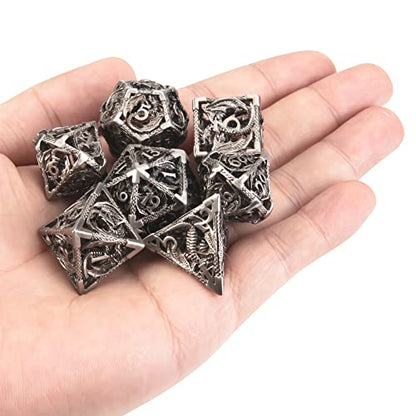 DND Dice,Hollow D&D Metal Dice,Dungeons and Dragons Dice Set with Gift Box,7 PCs Steampunk Polyhedral Dice Games Set for RPG,MTG,Pathfinder,(Dragon Ancient Silver) - color: Dragon Ancient Silver