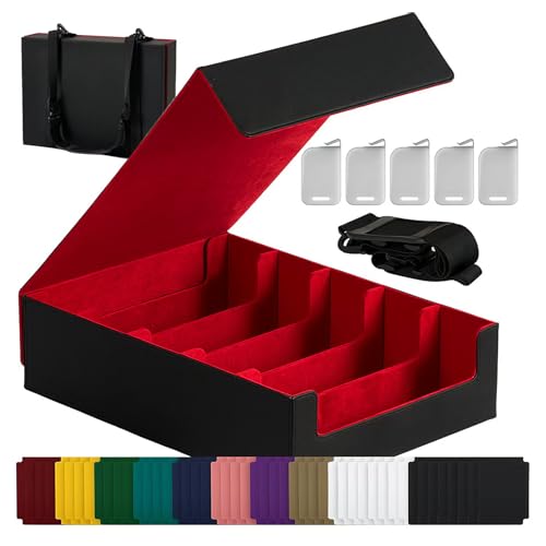 Magnetic Leather Trading Card Storage Box - 5-Row Deck Case Design, 3900+ Capacity for YuGiOh, MTG, TCG and Sports Cards, Includes 24 Colorful Dividers & 5 Card Supports（Black/Red） - color: A-Black/Red
