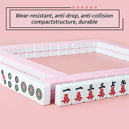 Chinese Pink 1.17 inches Compact Mahjong Set, Travel Small Size, 144 + 8 Blank Melamine Tiles, with Portable Travel Handbag Complete Mahjong Game Set - color: Pink