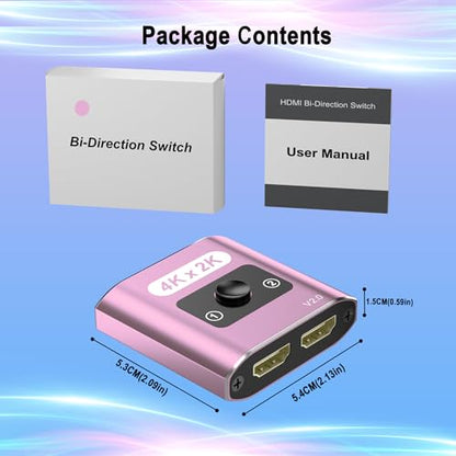 HDMI Switch Splitter 4K@60Hz, Aluminum HDMI 2.0. Bi-Directional Switch Supports 2 in 1 out or 1 in 2 out, Ideal for Connecting Devices Like Xbox, PS5/4/3, Blu-Ray players, Fire Stick, Roku, and HDTVs. - color: Pink