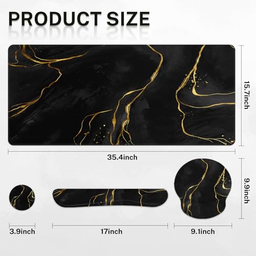 Britimes Black Gold Marble Keyboard Mouse Pad Set 4in1 Large Mousepad+Keyboard Wrist Rest+Mouse Wrist Rest+Coaster Ergonomic Design for Home Office Computer 35.4x15.7 inches - color: Black Gold Marble