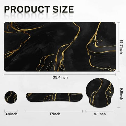 Britimes Black Gold Marble Keyboard Mouse Pad Set 4in1 Large Mousepad+Keyboard Wrist Rest+Mouse Wrist Rest+Coaster Ergonomic Design for Home Office Computer 35.4x15.7 inches - color: Black Gold Marble