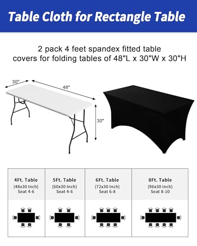Fixwal Black Stretch Table Cloth Rectangle 2 Pack 4Ft, Spandex Fitted Table Covers Washable for Party, Trade Show, Banquet, Wedding, Buffet - color: Black, size: 4 Ft