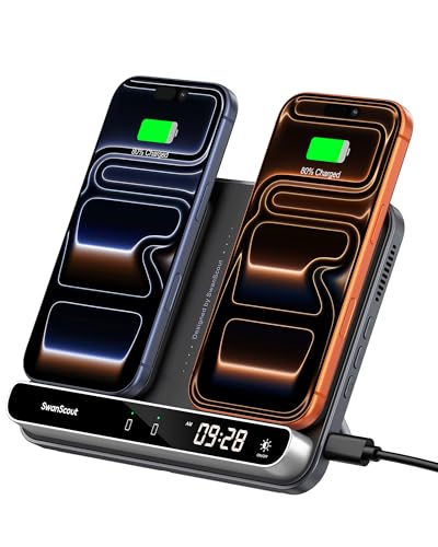 Dual Phone Foldable Wireless Charging Station for iPhone, Galaxy, Pixel | Dual phone charging, Foldable portable stand, Dimmable clock, Case friendly, Raised charging area, flat mode for earbuds, 504 - color: Black & Tech Grey
