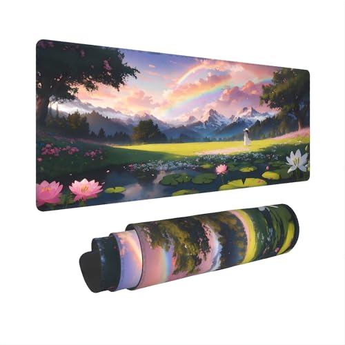 XXL Gaming Mouse Pad 35.4x15.7 inch, Beautiful Lotus Rainbow Landscape Theme Desk Mat, Mountain Flower Elegant Girly Scene Large Mousepad,Fantasy Artistic Keyboard Mouse Mat (Lotus Rainbow) - color: Lotus Rainbow