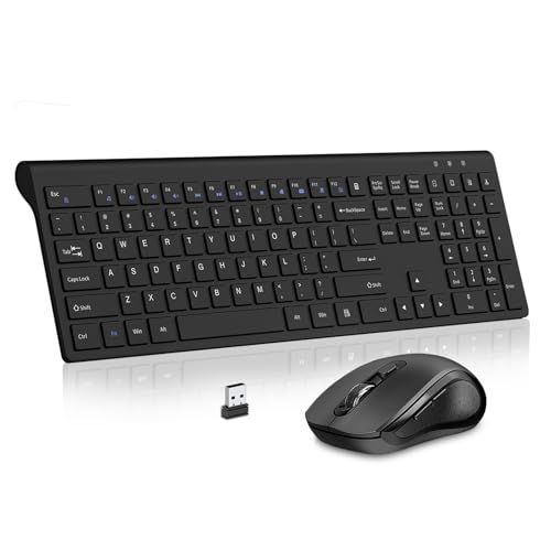 Wireless Keyboard and Mouse, Slim Full Size Keyboard with Calculator Button, Fn Lock, Silent Computer Mouse with Side Button, 2400 DPI, 2.4G USB Cordless Set for Laptop PC Windows Mac -Black - color: Black