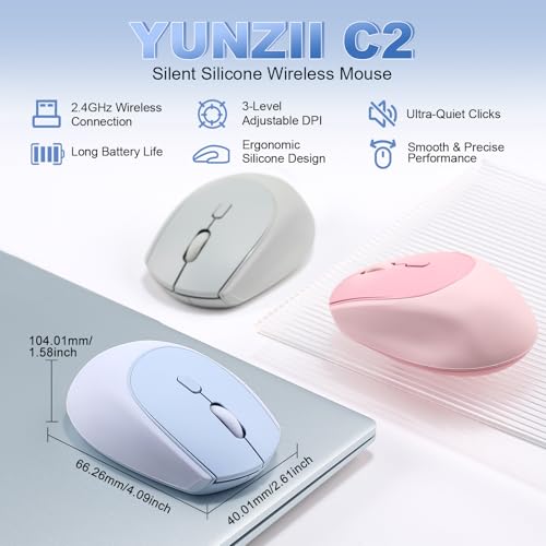 YUNZII C2 Wireless Mouse,2.4GHz Cute Silicone Noiseless Wireless Computer Mouse, Quiet Clicks, 3 Adjustable DPI, 1600 DPI Optical Tracking, Portable Ergonomic Mice for Laptop/PC/Mac (Blue) - color: Blue