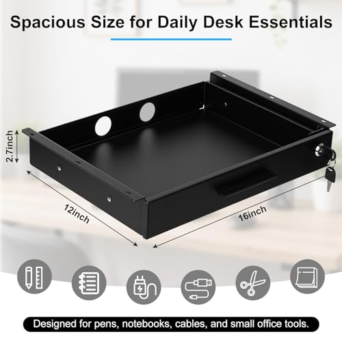Menkxi 16'' x 12'' Under Desk Drawer Slide Out Storage Organizer, Lockable Metal Desk Drawer for Laptop and Office Accessories, Large Hidden Under Table Storage Box with Cable Management, Black - size: 16'' x 12''