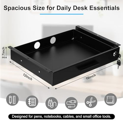 Menkxi 16'' x 12'' Under Desk Drawer Slide Out Storage Organizer, Lockable Metal Desk Drawer for Laptop and Office Accessories, Large Hidden Under Table Storage Box with Cable Management, Black - size: 16'' x 12''