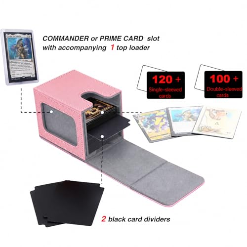 MTG Deck Box with Commander Display Window (Pink&Grey, 1 window) | Holds 120 Single/100 Double-Sleeved Cards, Fit MTG/PTCG/OPTCG Cards, Strong Magnet, PU Leather, With 2 Dividers & 1 Toploader - color: Pink and Grey