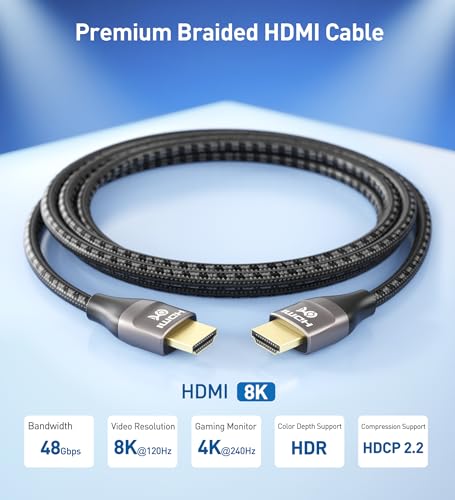 Cable Matters Premium Braided 48Gbps 8K HDMI Cable, 3.3ft/1m | 8K@60Hz, 4K@240Hz, HDR, Graphite Black, Compatible with PS5, Xbox Series X/S, RTX/RX GPUs, Apple TV - size: 3.3 ft