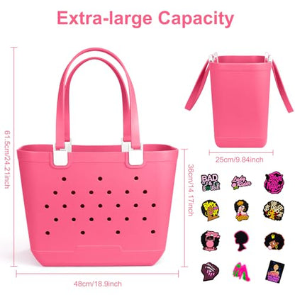 X-Large Rubber Beach Tote Bag, 18.9 "L x 9.4 "W x 13.8 "H Waterproof EVA Beach Totes with Zipper Pocket - color: Hot Pink