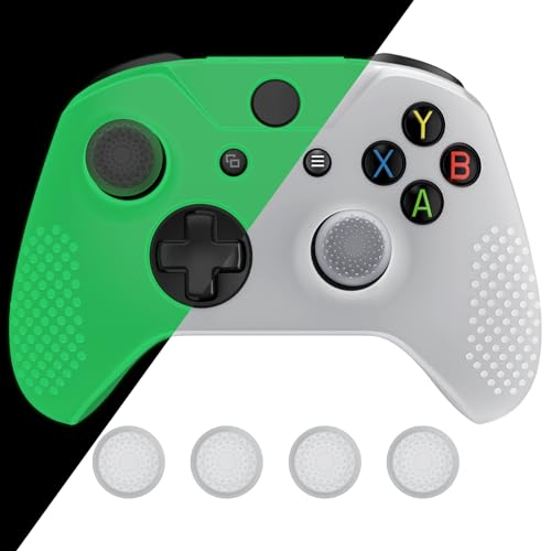 eXtremeRate PlayVital Soft Anti-Slip Glow in Dark - Green Silicone Controller Cover Skins and Black Thumb Grips Caps Protective Case for Xbox One X S Controller - color: Glow in Dark - Green