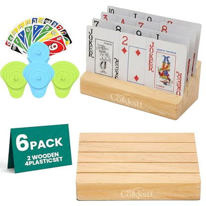 6-Piece Playing Card Holder Collection: 2 Wooden & 4 Plastic Hands-Free Organizers for Board Games, Canasta Card Holder Set for Adults & Small Hands, Fits Most Standard Cards, Mixed Pack