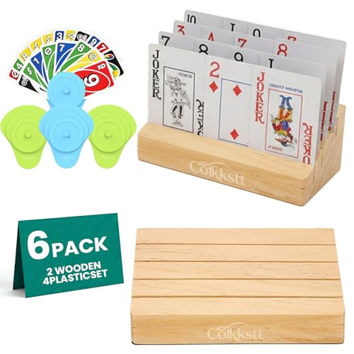 6-Piece Playing Card Holder Collection: 2 Wooden & 4 Plastic Hands-Free Organizers for Board Games, Canasta Card Holder Set for Adults & Small Hands, Fits Most Standard Cards, Mixed Pack