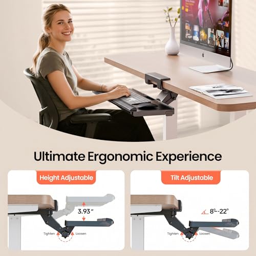 Klearlook Upgraded Ergonomic Keyboard Tray Under Desk, Adjustable Sliding Keyboard Platform Holder, Keyboard Stand with Wrist Rest & Storage Drawer for Home, Office and Gaming, 24.4"x10"