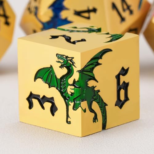 Sharp Edge Metallic DND Dragon Dice Set,Metal Polyhedral Dice with Dragon for Dungeons and Dragons RPG TTRPG D&D 7-Die Set with Gift Case Pearl Gold Seven Colors - color: Dragon-pearl Gold Seven Colors