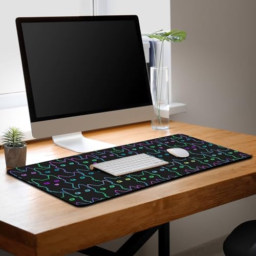 Big Mouse Pad Black Purple The Desk Pad Computer Mouse Pads Keyboard Pads Deskmat Waterproof Non-Slip Rubber Base 35.4" X 15.7" for Game Office, Cartoon Cat with Neon Lines Design - color: Cartoon Cat