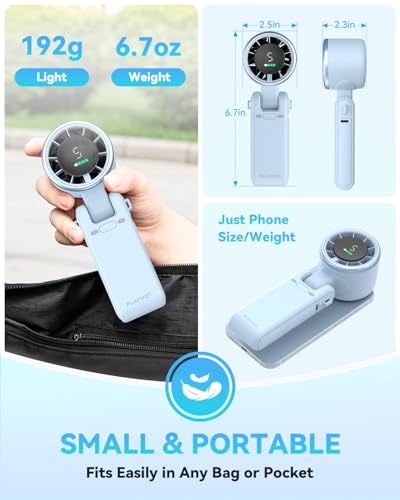 PlayHot Portable Handheld Turbo Fan, Travel Essentials, Gifts for Women/Men | 5-Speed, Up to 12H, 10m/s Airflow, USB-C Rechargeable, LED Display, 3-in-1 Foldable Personal Fan for Cruise, Beach, Vacation - color: Blue