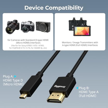 SMALLRIG D to A HDMI Cable Ultra Thin HDMI Cord 100cm / 3.28Ft (Micro to Full HDMI), Super Flexible Slim High Speed 4K 60Hz HDR HDMI 2.0, for Sony A7RIII / A7II / A7M3, for FUJIFILM X-T4 / X-T3-4795 - size: 100CM(D to A)