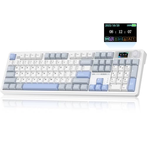 CORBOBO LINGBAO K108 Pro Wireless Mechanical Keyboard with Screen & Knob, Full Size Creamy Keyboard with Number Pad, 10000mAh Battery, PBT Keycaps, RGB Backlit, Hot-swappable Gaming Keyboards - color: White & Grey & Blue