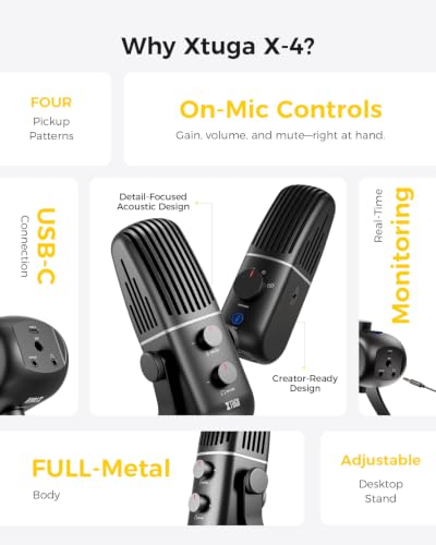 XTUGA X-4 Desktop Condenser Microphone,Metal ASMR Microphone,Streaming Mic | 4-Pattern Pickup Modes,Plug & Play,Zero-Latency Monitor,48kHz/16bit,Gaming Microphone for PC,Stream,Podcast,Studio Recording